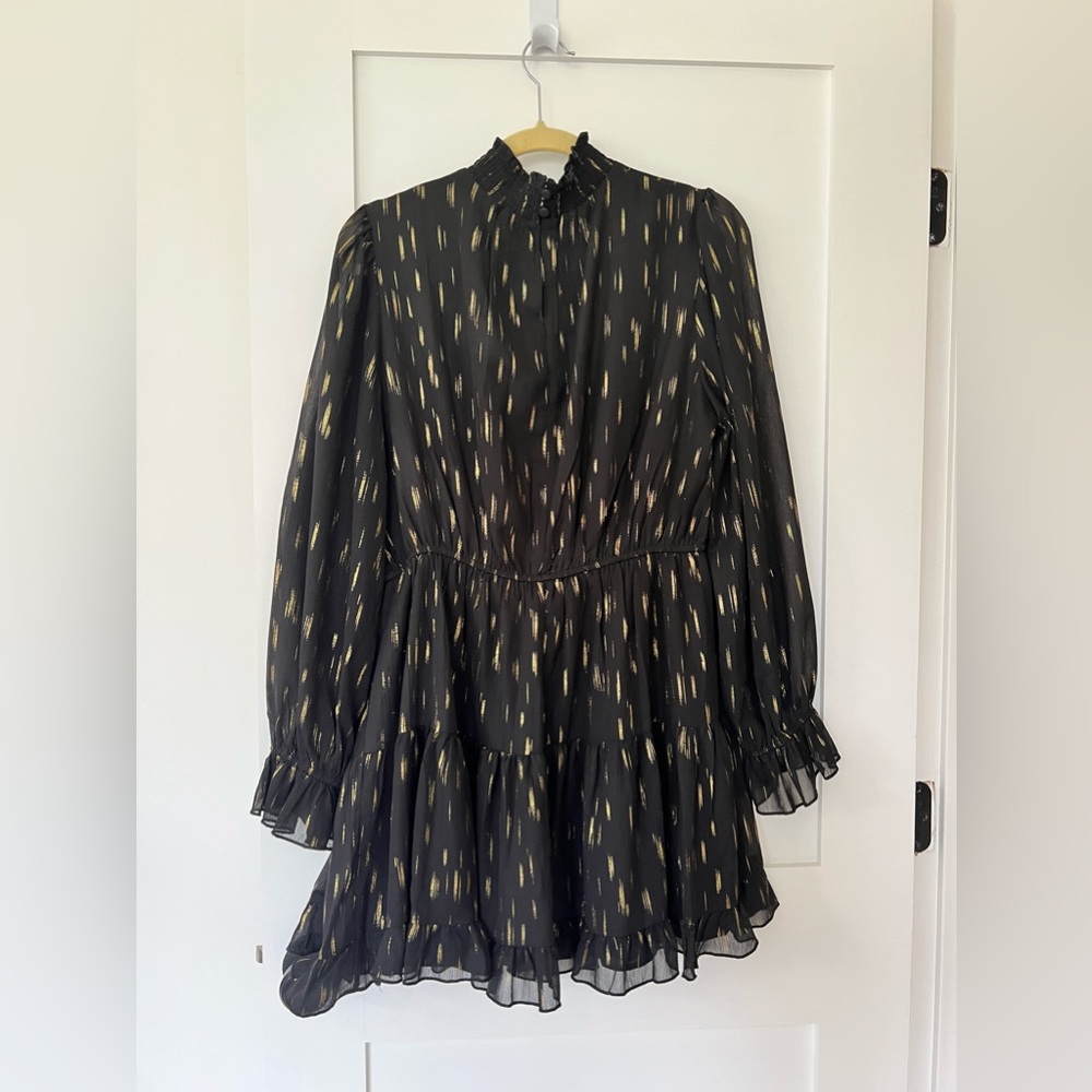 Aqua, size XL, black and gold mini dress, high neck collar, sheer long sleeve